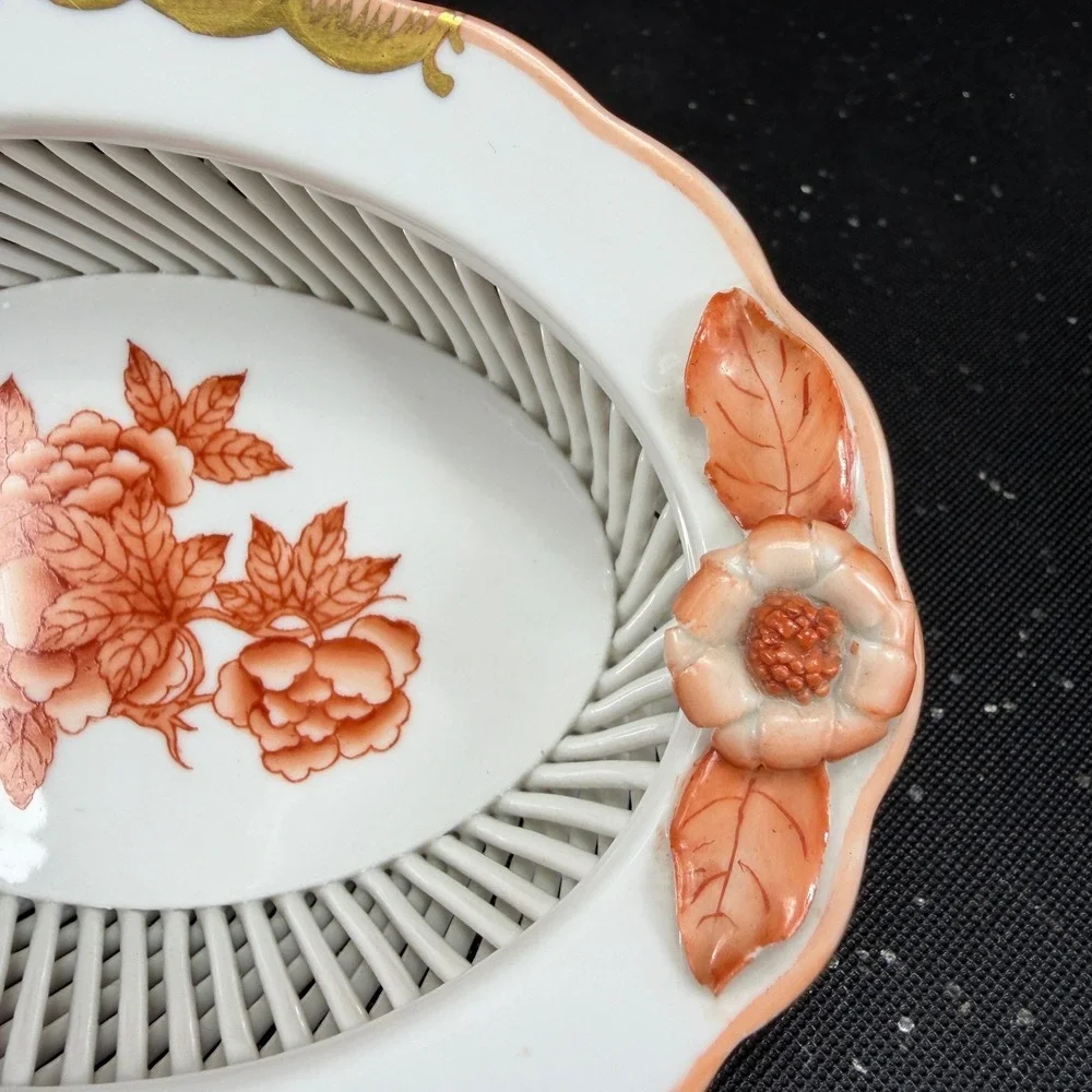 Herend Hungary Hand Painted Rust Floral Reticulated Porcelain Weave Basket Dish